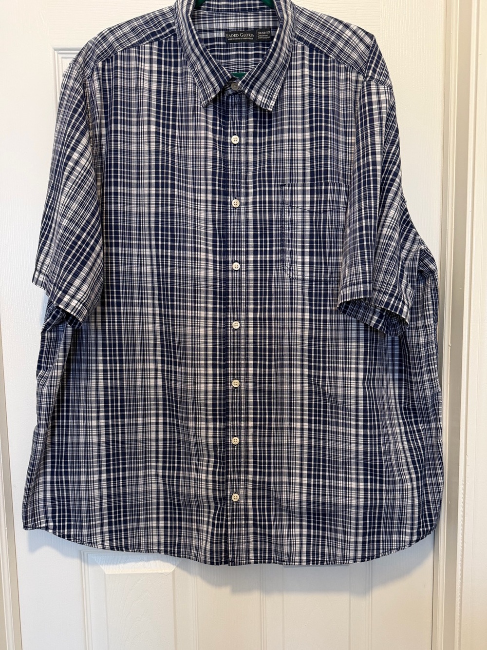 Faded Glory Men's Blue White Plaid Short Sleeve Button-Down Shirt 2XL